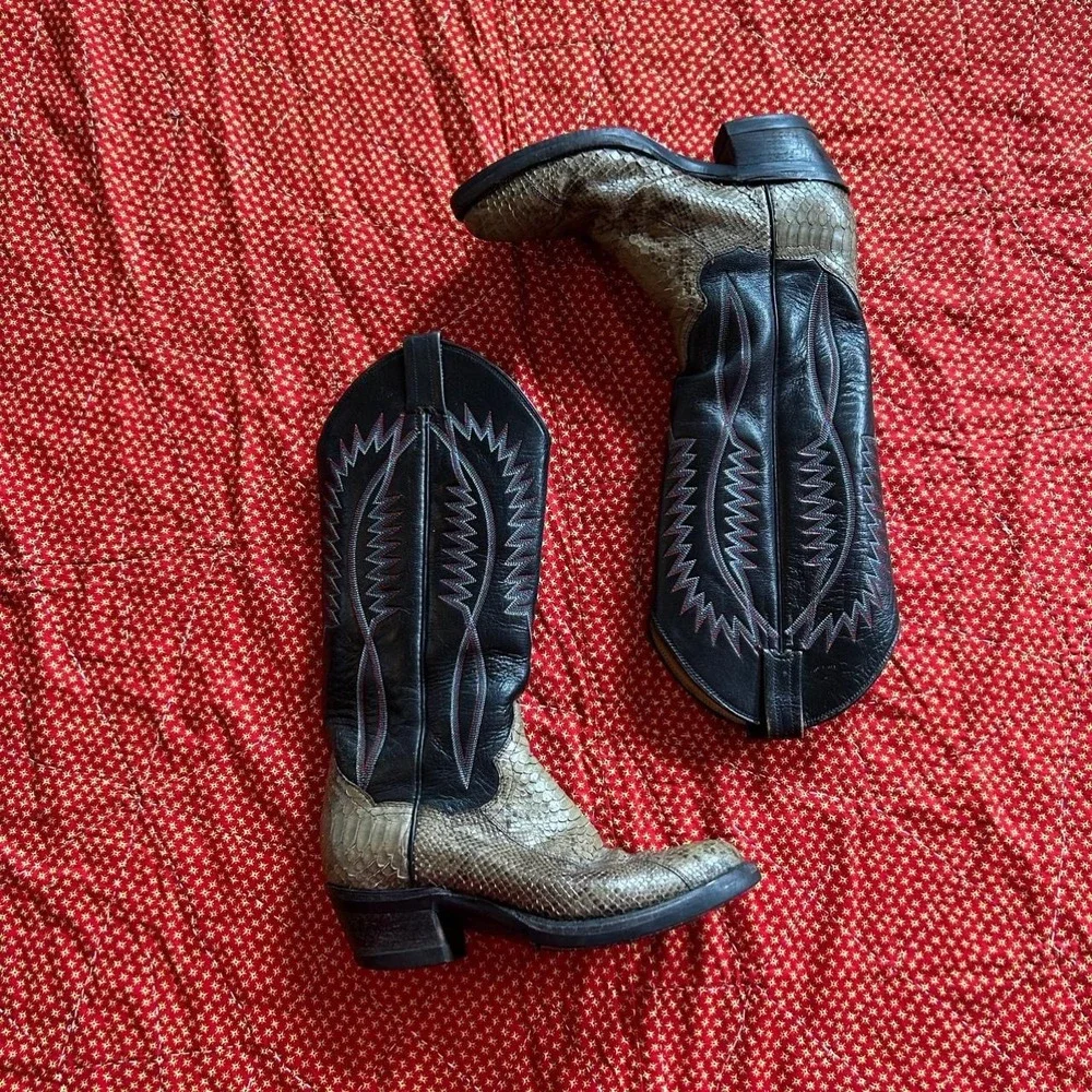 Vintage Panhandle Slim Snakeskin Cowboy Boots Black Leather Western women's 6